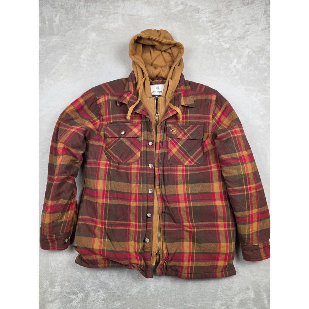 Legendary Whitetails Shirt Jacket Mens L Brown Plaid Quilted Hooded Flannel